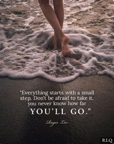 a woman walking on the beach with her feet in the water and an inspirational quote