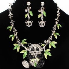 Silver Metal Panda Rhinestone Leaf Necklace With Earring Set For Women Unique #cheapnecklacesforwomen #necklacesforwomen Boho Necklaces, 2 Earrings, Leaf Necklace, Beauty Fashion, Earring Set, Womens Necklaces, Metallic Silver