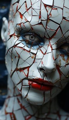 a woman's face is covered in red and white shards, with blue eyes