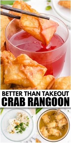 different types of food with the words, better than takeout crab rangoon