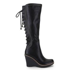 Tall (shaft height of 18") or low (shaft height of 14") knee-high wedge heels boots with stitch details on upper and shaft. Side zipper opening and lace-up fastening in the back. These boots can be your all-season complements to skinny jeans or leggings. For female adult. Size: 11.  Color: Black. Tall Female, Knee High Wedge Boots, Wedge Heel Boots, High Wedges, Winter Walk, Womens Knee High Boots, Latest Shoes, Wedge Boots, Women Lace