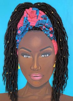 a painting of a woman's head with braids on her hair, against a blue background