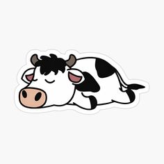 a black and white cow laying down with its eyes closed sticker on a white background