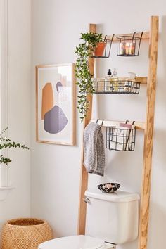 a white toilet sitting next to a wooden ladder in a bathroom with plants on the wall