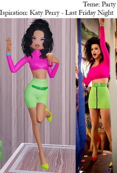 an animated image of a woman in neon green shorts and pink top with her arms up