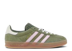 Wmns Gazelle Indoor 'Focus Olive Clear Pink' - Adidas - JH6475 - focus olive/clear pink/cream white Green And Pink Adidas, Georgia Bulldog Shoes, Pink Gazelles, Travis Scott Jordan 1, Slides Nike, Adidas Gazelle Indoor, Jordan Yeezy, Flight Club, Shoe Inspo