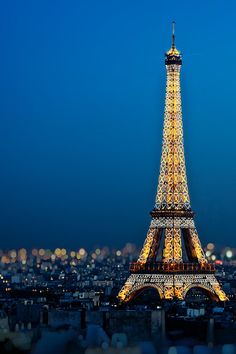 the eiffel tower lit up at night in black and white with city lights behind it