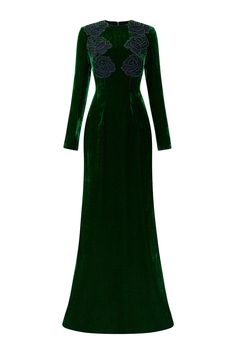 An elegant choice for formal events, this dress exudes grace and sophistication. The mermaid silhouette flatters the figure, while the long sleeves and rose-embellished details add a touch of romance. Make a statement with this luxurious velvet dress. *Note: The length is measured from the shoulder to the shortest of the front.Length: XS: 157cm, S: 159cm, M/L/XL: 160cm, XXL: 162cm Velvet Floor Length Dress, Dark Green Velvet Dress, Padded Hangers, Mean Blvd, Green Velvet Dress, Floor Length Dress, Dresses Xxl, Mermaid Silhouette, Floor Length Dresses