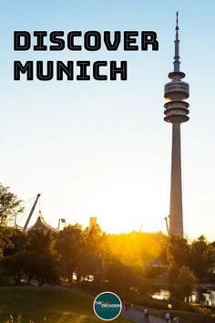 the sun is setting behind a tall tower with text over it that reads discovery munch