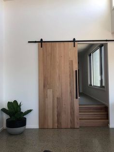 an open sliding door next to a potted plant in a white room with wooden floors