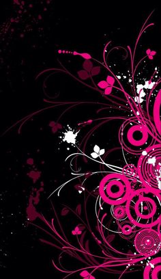 an abstract pink and black background with swirls and dots on the bottom right corner