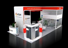 an exhibition stand with white and red accents