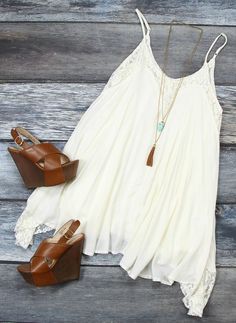 Wedges Outfit, Basic Accessories, Lace Sundress, Teal Necklace, Sundress Casual, Fest Outfits, Ivory Lace Dress