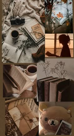 a collage of photos with books, flowers and a teddy bear