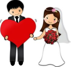 a bride and groom holding a red heart