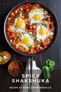 A skillet filled with spicy Shakshuka. Four sunny side up eggs are poaching in a tomato sauce with herbs, veggies and feta cheese. Easy Shakshuka Recipe, Poached Egg Recipe, Shakshuka Recipes, Primal Kitchen, Fall Cooking, Specialty Foods, Basic Recipes, Perfect Breakfast, Poached Eggs