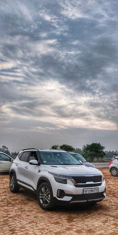 two cars are parked on the dirt in front of some trees and bushes, under a cloudy sky