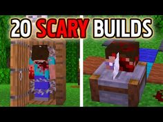 two pictures of the same character in minecraft, with text that reads 20 scary buildings