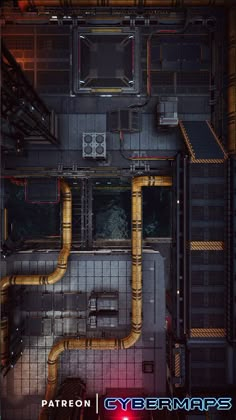 an overhead view of a building with pipes and piping on the floor, in front of a red light