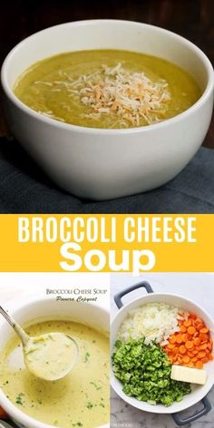 broccoli cheese soup in a white bowl