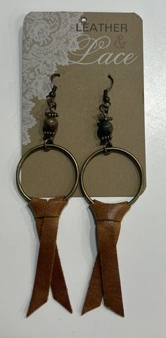 Brown Brass Dangle Earrings, Brown Single Hoop Earring As Gift, Handmade Rustic Leather Earrings, Elegant Handmade Earrings For Everyday Use, Artisan Leather Nickel-free Earrings, Handmade Brown Hoop Earrings For Everyday Wear, Nickel-free Brown Hoop Earrings As Gift, Everyday Handmade Brown Hoop Earrings, Brown Hoop Earrings With Ear Wire For Gift