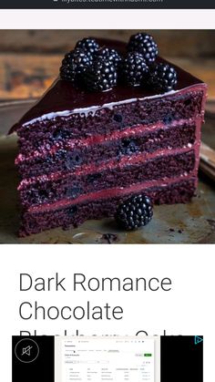 a chocolate cake with raspberries on top and the words dark romance chocolate below it