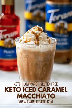 keto iced caramel macchato in a glass with whipped cream on top