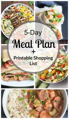 the 5 day meal plan and printable shopping list is shown in four different pictures