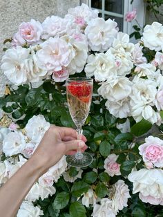 a person holding a wine glass in front of white flowers with pink and green leaves