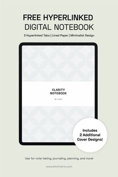 a white and black book with the title free hyperlinked digital notebook, including 2 additional