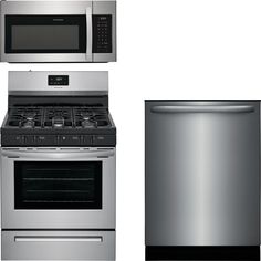 three different types of kitchen appliances are shown in this image, including an oven, microwave and dishwasher