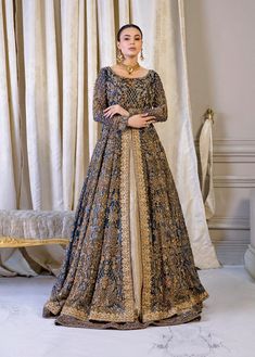 Pakistani Bridal Dress in Open Frock and Lehenga Style is a traditional masterpiece adorned with Intricate Embroidery, Sequins, and Motifs. Custom sizes. Blue Pakistani Bridal Dress, Pakistani Gowns, Pakistani Bridal Dress, Walima Dress, Makeup Tip, Desi Wedding Dresses, Asian Bridal Dresses, Asian Wedding Dress, Latest Bridal Dresses