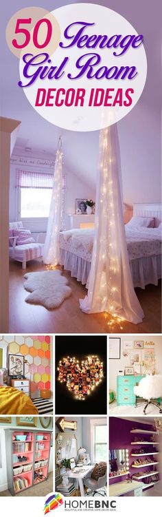 there is a collage of different rooms with lights on the bed and in the corner