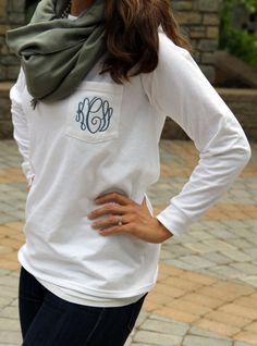 Monogram Long Sleeve Pocket Tee Shirt loveeeeeee Monogram Pocket Tees, Covington Ky, Cricut Monogram, Moms Fashion, Pocket Tee Shirts, Horse Treats, Bohol, Outfit Look, Crafting Ideas