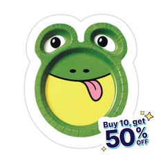 a green frog shaped paper plate with the words buy 10 get 50 % off on it