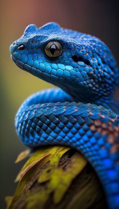 a blue snake with its head on top of a branch, looking at the camera