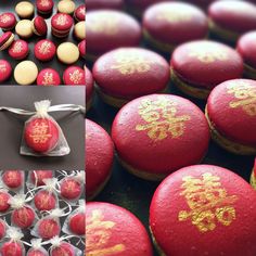 some red and gold decorated cookies on a table