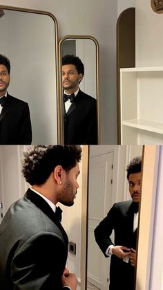 a man in a tuxedo looking at himself in the mirror