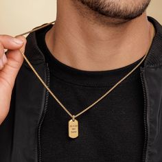 Looking for a gift for your man? You've found the perfect item for this! Introducing our stylish Stainless Steel Necklace for Men with a sleek Rectangle Disc Pendant that can be personalized with your special engraving. This versatile necklace is an essential accessory for any modern gentleman. Crafted with high-quality stainless steel, it offers durability and a polished finish that is both sophisticated and timeless. The rectangular disc provides the perfect canvas for your chosen engraving, m Father's Day Anniversary Dog Tag Necklace, Gold Dog Tag Jewelry For Father's Day, Gold Dog Tag Necklace For Father's Day, Father's Day Gold Dog Tag Jewelry, Minimalist Dog Tag Necklace For Father's Day, Everyday Dog Tag Necklace For Father's Day, Classic Dog Tag Jewelry For Father's Day, Father's Day Dog Tag Necklace With Engraving Option, Classic Father's Day Dog Tag Jewelry