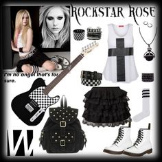 a collage of rock star outfits and accessories including a guitar, skirt, boots, purse, necklaces