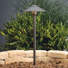 a lamp is sitting in the middle of some mulchy ground next to bushes