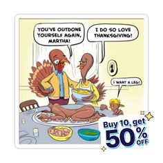 a cartoon depicting two turkeys having thanksgiving dinner