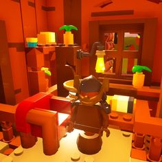 an animated image of a bathroom with orange walls and flooring, including a toy horse