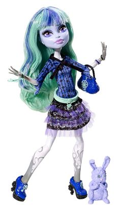 a doll with long green hair and blue shoes holding a teapot in her hand