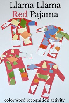 an image of paper cut out of children's clothes with text that reads llama llama red pajama