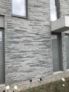 two windows on the side of a gray brick building with flowers in front of it