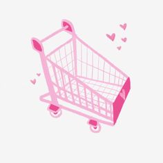 a pink shopping cart with hearts flying around it