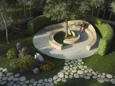 an artist's rendering of a circular garden with stepping stones and trees in the background