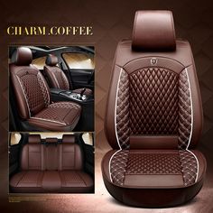 the front and back seats of a car with brown leather upholstered in diamond stitching