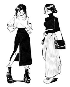 two women standing next to each other with their hands in their pockets and one holding a purse